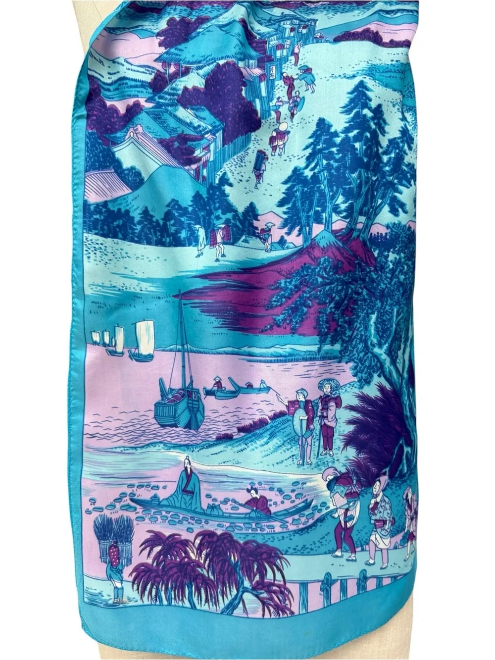 Vintage Asian Scenic Silk Blend Scarf Blue Purple Fishing Town Landscape Scene